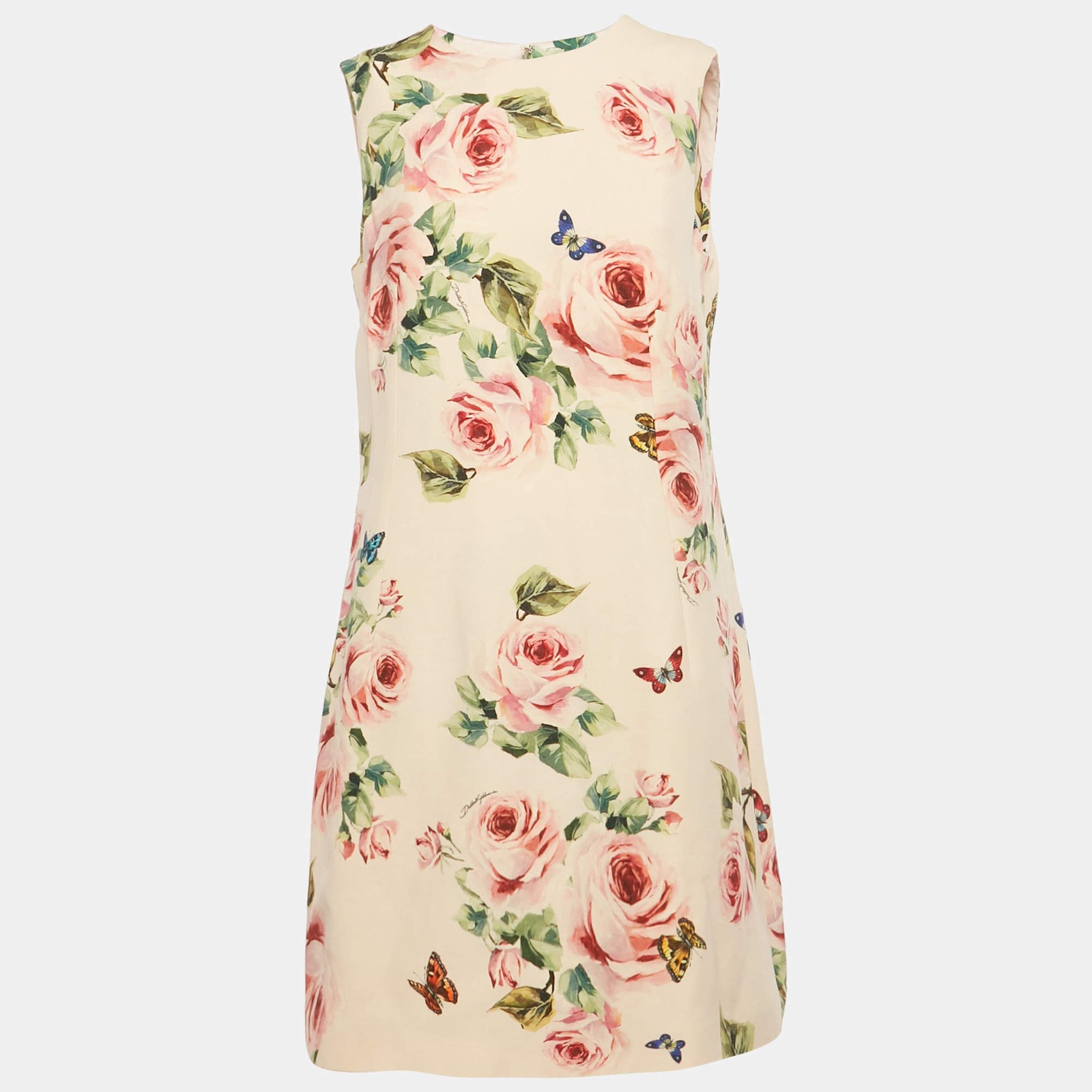 Dolce Gabbana Pink Rose Print Crepe Sleeveless Shift Dress M