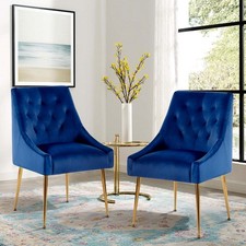 2 Velvet Dining Chairs Mid Century Style - Gold Metal Legs Home Office Chairs