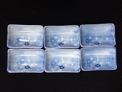 K0991 Vintage Set of 6 Japanese Porcelain Rectangular Small Plates Blue White