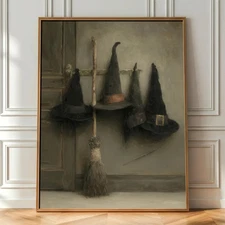 Vintage Witch Hat Printable Wall Art, Rustic Halloween Broom Decor, Moody Dark