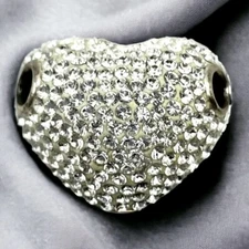 CRYSTAL PAVE HEART Slide Bead Charm 1” N925 Quiet Wealth Bling Shhhh EUC