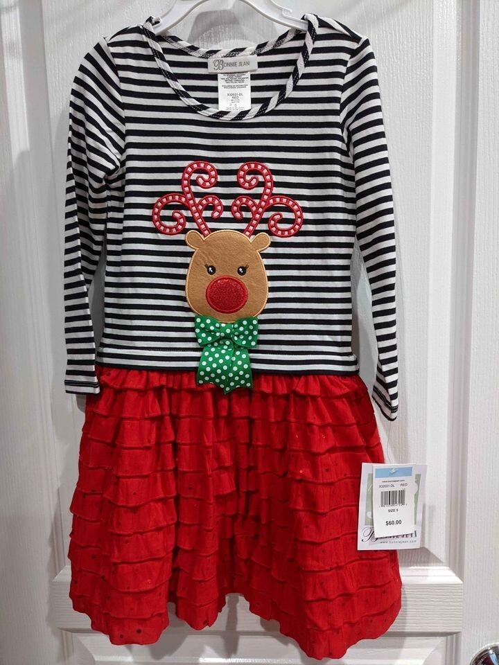 Bonnie Jean girls Christmas Holiday Santa reindeer striped red dress