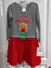 Bonnie Jean girls Christmas Holiday Santa Reindeer striped red dress
