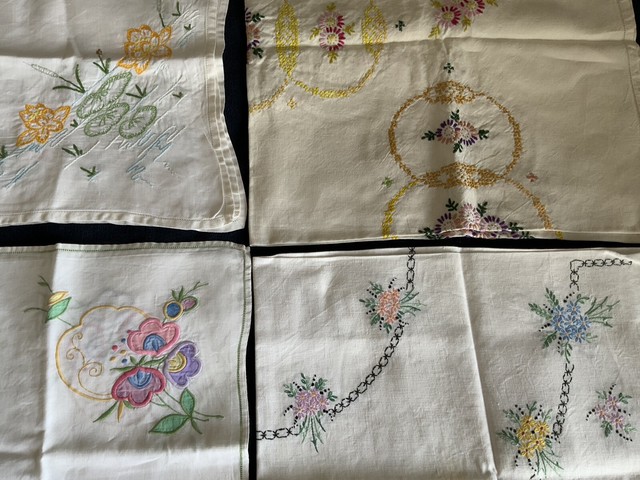 4 hand embroidered tablecloths lot vintage Tea Party Floral Linen Cotton Bundle 4 hand embroidered tablecloths lot vintage Tea Party Floral Linen Cotton Bundle