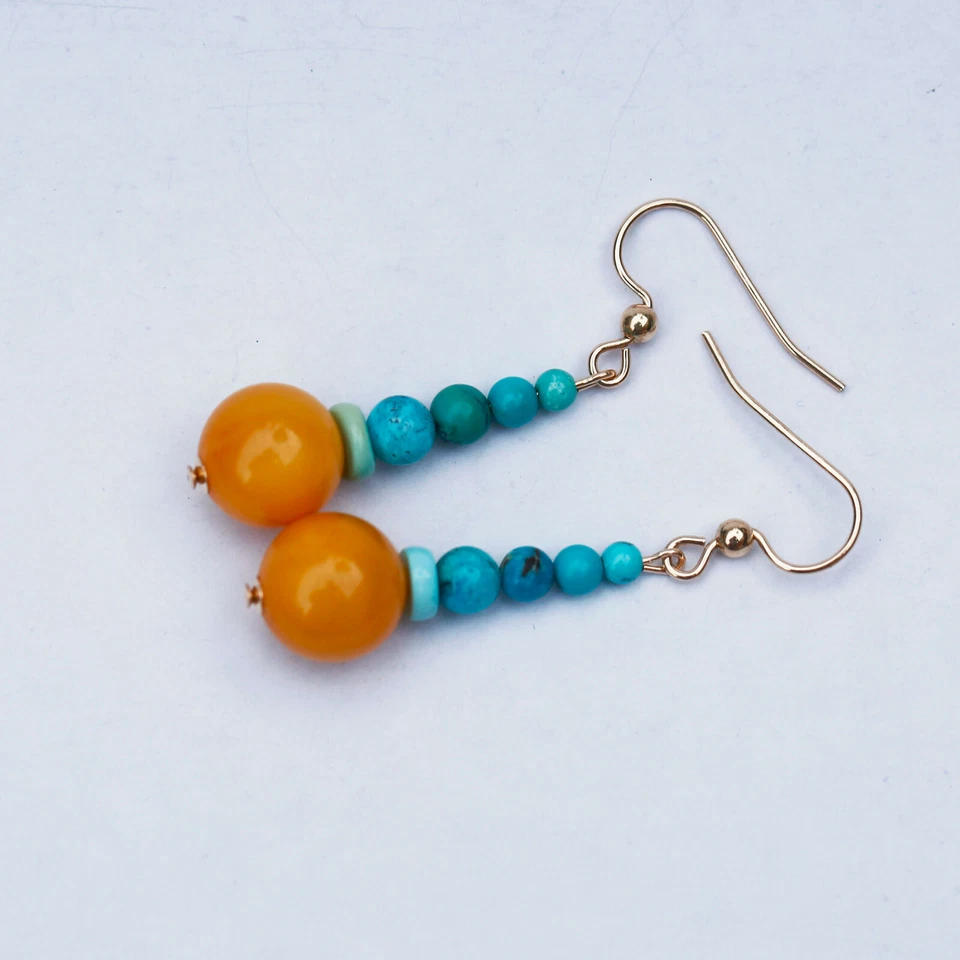 Brinco AD37 Elegante natural Báltico leite-mel âmbar natural turquesa 14KGF 48mm - Imagem 4 de 4