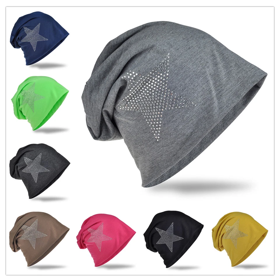 Beanie Mütze Unifarbe mit Strass Stern Herren Damen Mützen Jersey Slouch Trend