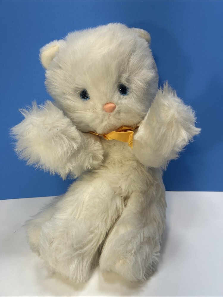 Vintage 1976 GUND White Fluffy Kitten Plush with Blue Eyes Japan Rattle Bow