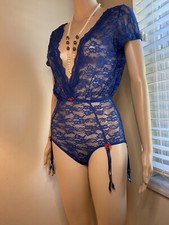 Frederick  s of Hollywood Blue Lace Bodysuit V Neck Back Blouse Romper Garter S