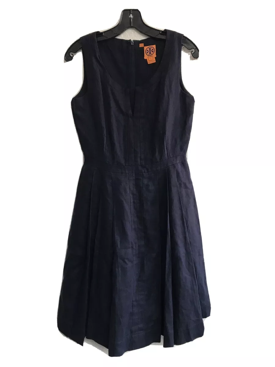 Tory Burch Navy Blue Linen Pleated Sleeveless Dress Women US 2 Lined Zip  V-neck