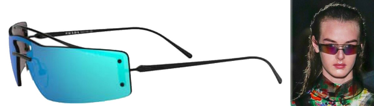 $390 Prada Rectangular Shield Sunglasses Blue Mirror Black Frame Lightweight NIB Prada Sunglasses PR 17WS 08Q420 Blue Crystal/Blue 49-20-145  main image 4