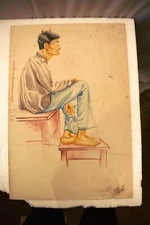Vintage Painting Sketch Color Pencil Drawing Hand Drawn Man Sitting On Table"4