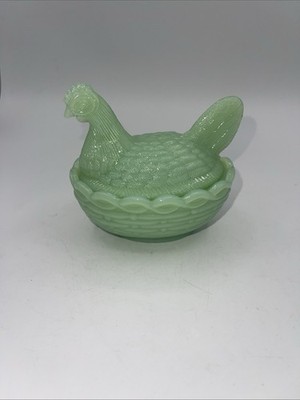Mosser JADEITE Green Glass 4'' Chicken/Hen on Nest Basket