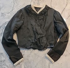 C 1870  S BLACK SILK SATIN BODICE W HANDMADE LACE EDGING Edwardian Victorian OG