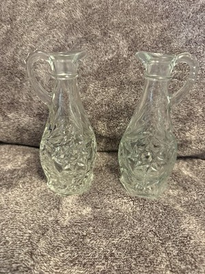 Vintage EAPG Anchor Hocking Star of David Clear Glass Oil & Vinegar Cruets Set 2