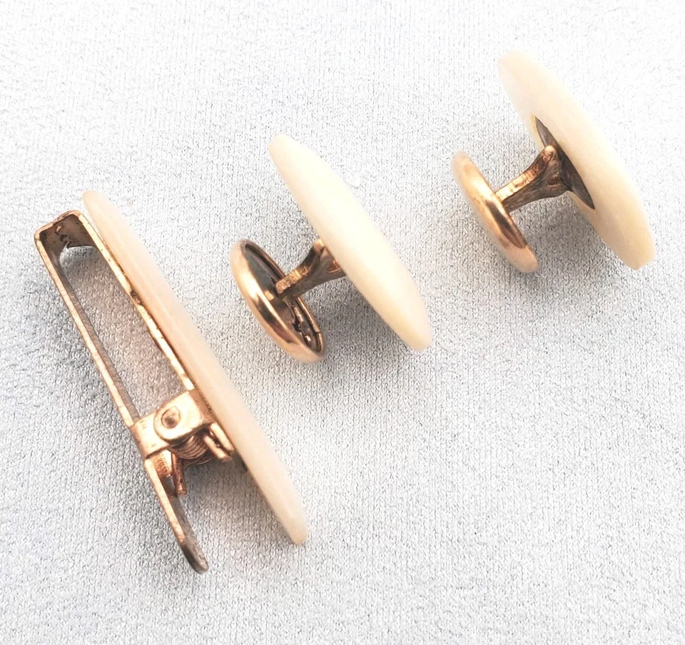 Vintage Tie Clip & Cuff Links Set Brass Mother of Pearlescent Cottagecore  - Image 4 of 4