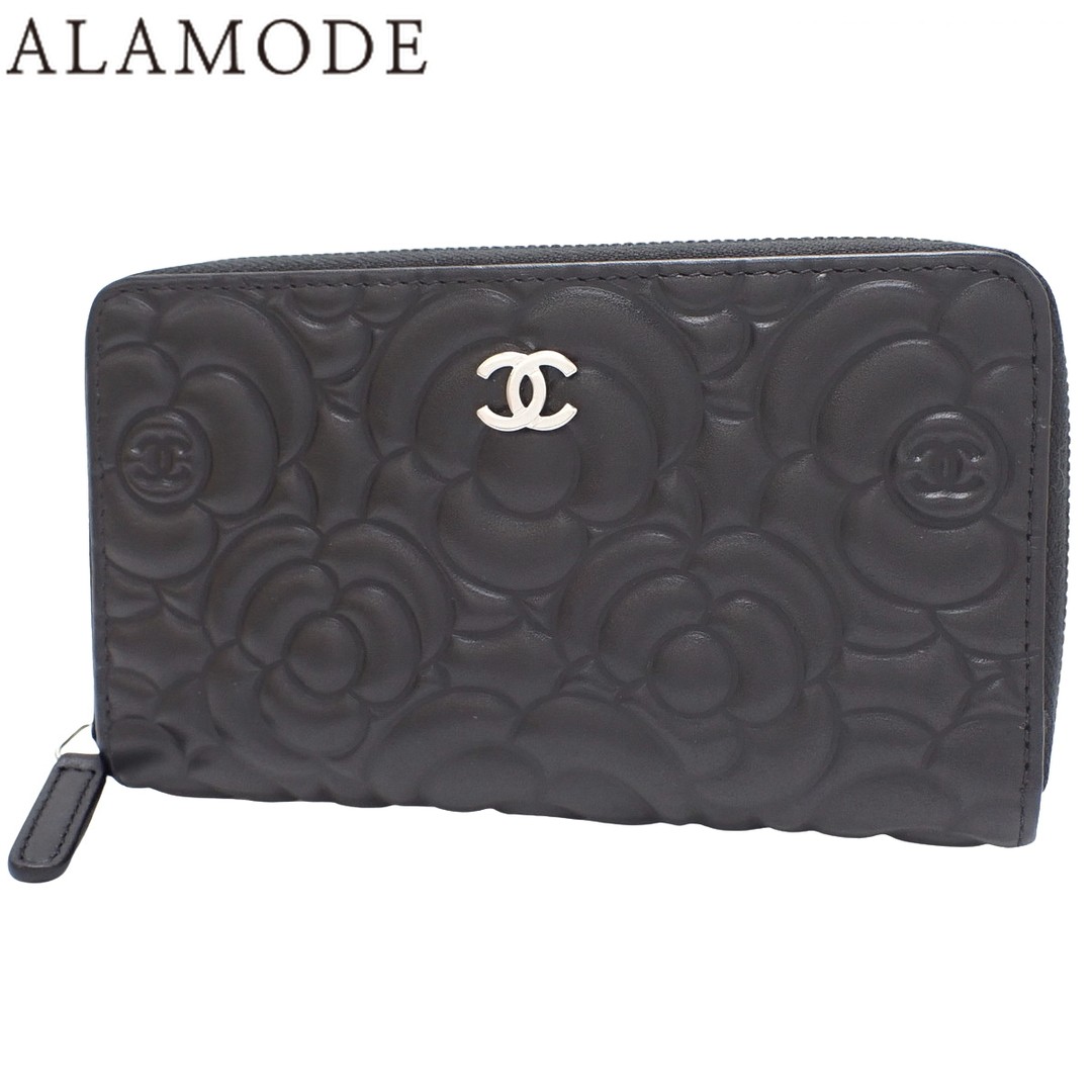 Chanel Black Camellia Leather Round Zip Around Compact Wallet  