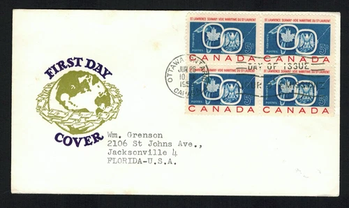 Canada #387, 1959 5¢ St. Lawrence Seaway block, Van Dahl FDC F/VF