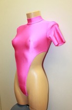 Women Thong Leotard 106-08 Hygh Collar High Open Thig Hot Pink Spandex Size S
