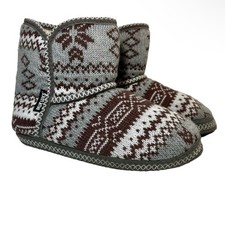 The Original Muk Luks Fair Isle Knit Bootie Slippers Grey Plum Medium 7-8