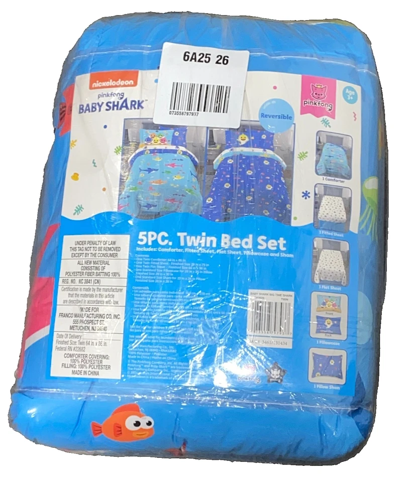 !哇! 全新 BABY SHARK 5 件套 双人床 包 被子和床单套装 — 第 3/4 张图片