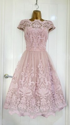 Chi Chi London Gr. UK 8 Rosa Rose Spitze Fit & Flare Party Anlass Kleid Abschlussball