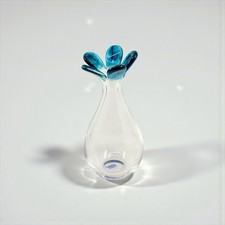 Petit Vase CIAV Meisenthal Verre Fleur Pétales Bleu Canard Vintage 1990 14 cm