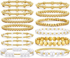 Gold Pearl Beaded Bracelets for Women,Gold Pearl Stackable Stretch Bead