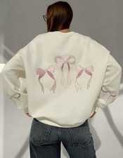 Beige Bow Graphic Fleece Pullover Sweatshirt Hooded Crew Neck Women's Size S