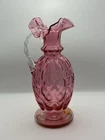 VTG Fenton Cranberry Pitcher Hand Blown Glass Ruffled Rim Diamond Optic Handle