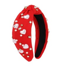Red Valentines Day Heart Faux Pearl Embellished Knotted Headband Decorations
