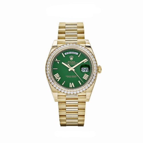 Rolex Day-Date 40 228348RBR Yellow Gold Green Roman Numeral Dial Diamond Bezel
