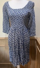Vintage 90s ~ Rabbit Highwaist Dress 3/4 Sleeve Floral Blue ~ Size Small/Medium