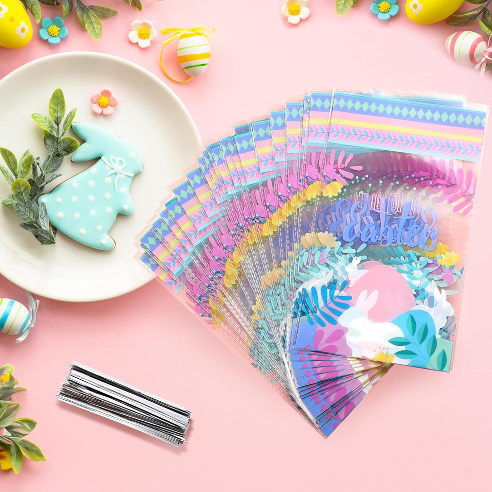 120 Pcs Easter Treat Bags Flat Clear Cellophane Bags with 120 Pcs Twist