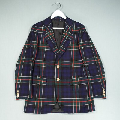 The Scotch House Blazer Mens 36 Blue Wool Tartan Plaid Gold Buttons Vintage