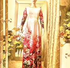 Ao Dai Vietnamese Silk Designer Flowers Long Dress With Fuchsia Pants. Size L