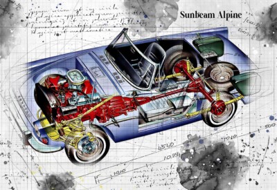 Line Tech Zeichnung Sunbeam Alpine Auto Car Classic Cutaway Kunst Poster Druck