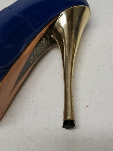 VERSACE BLUE PATENT LEATHER PEEP TOE DOUBLE PLATFORM HEELS PUMPS 36.5 US 6.5 - Picture 8 of 12