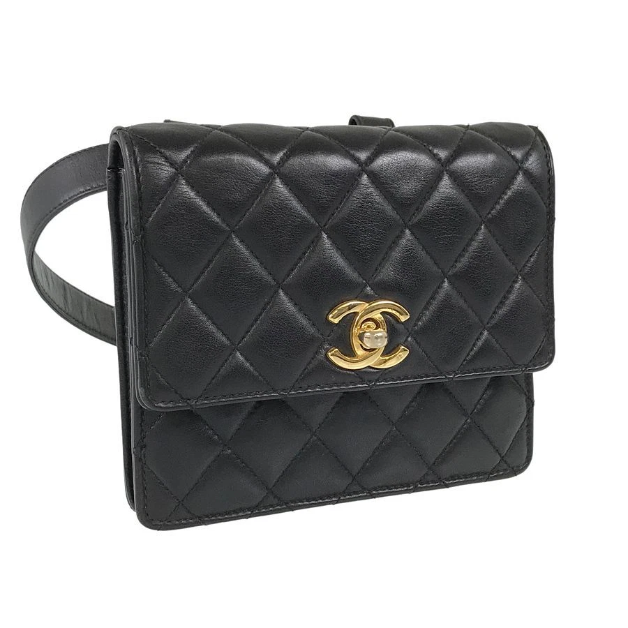CHANEL Quilted belt bag gold hardware black lambskin waist pouch CCLogo cocomark
