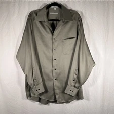 Geoffrey Beene Dress Shirt Men's Large Sateen Green Button Up Cotton Blend Top