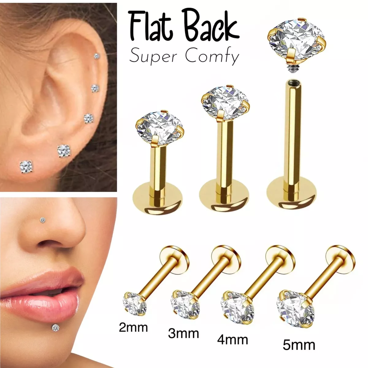 Stud Piercing Earrings Gem Flat Back Labret Internally Threaded 8