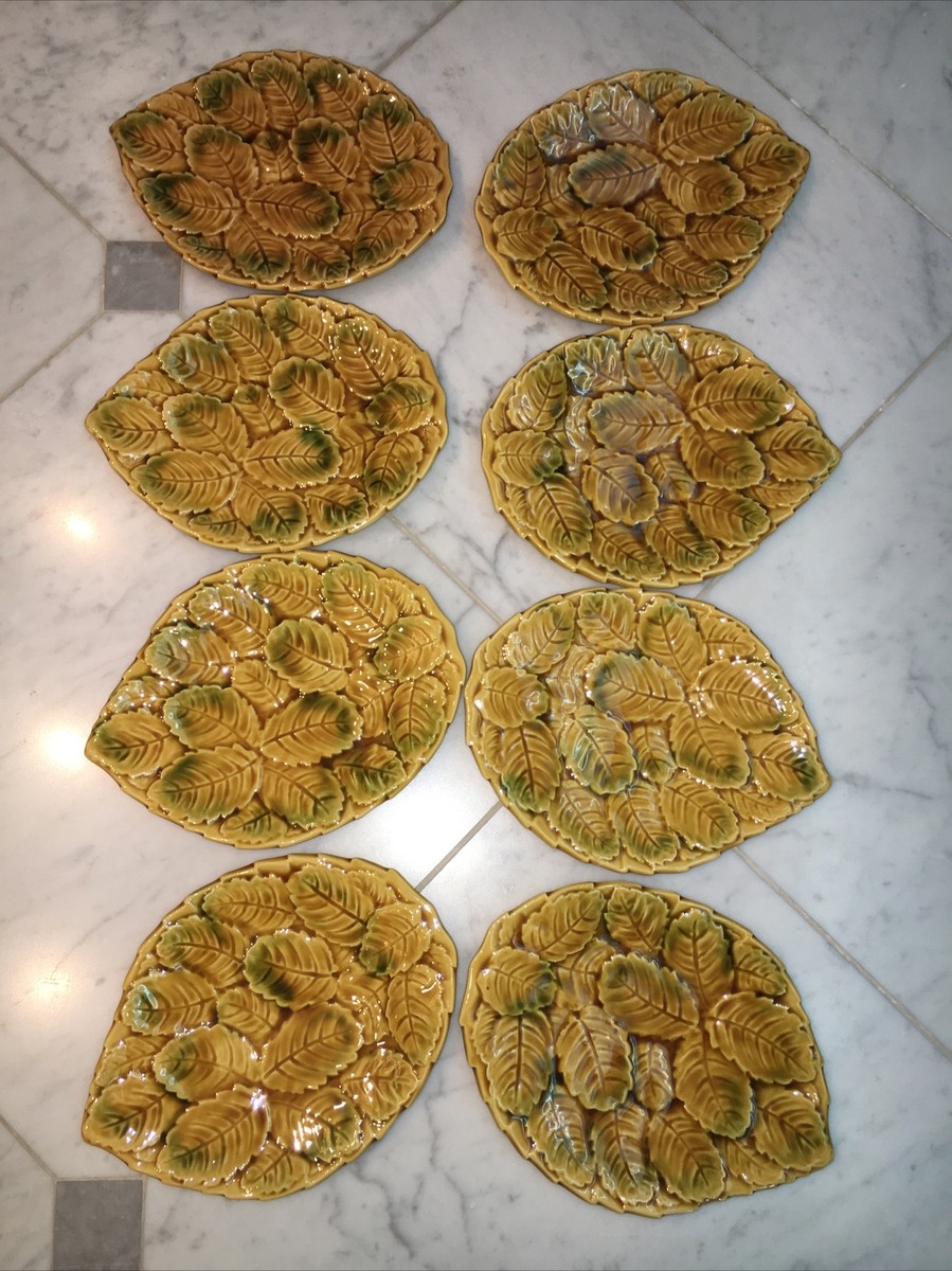 8 Vtg Portieux Vallerystahl PV France Majolica Leaf Plates Dessert