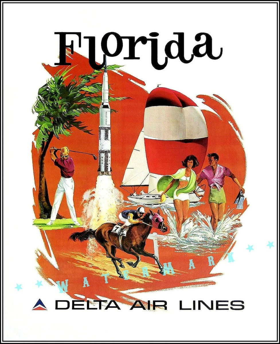 1970s vintage poster USA製 Florida 1970 Vintage Poster Print Retro Travel Airline Golf Horse