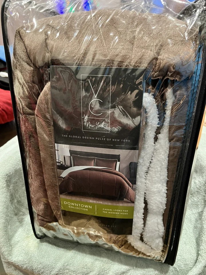 VCNY Home Micro Visón Reversible 3 Piezas Sherpa Edredón Set, King, Chocolate NUEVO Foto 3 de 4