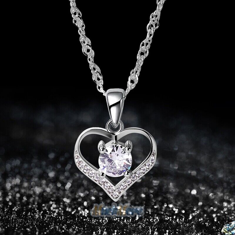 925 Sterling Silver Love Heart Cubic Zirconia CZ Pendant Necklace 18