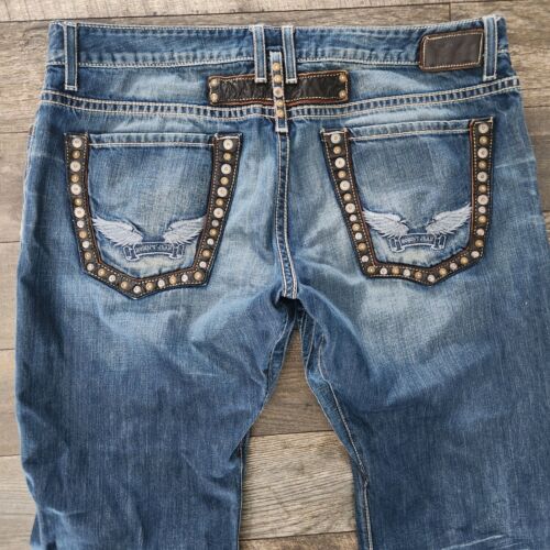 Robins Jeans Denin Herren 42x31 Nieten Leder Biker blau distressed bestickt - Bild 10 von 14