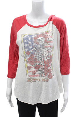 Lauren Moshi Womens Red Jersey T-Shirt 3/4 Sleeve Graphic Music Size L