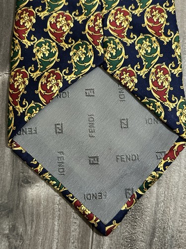 Fendi Mens Silk Necktie Italy Blue Red Gold Green Geometric W 4” L 57” - Picture 7 of 10