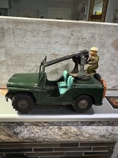 Vintage Japan Tin Military Jeep AA Gun Friction Toy 7  Soldier No Driver