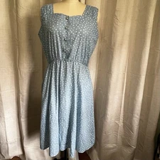 California Looks Vintage 70s Dress SZ 16.5  Blue W/White Polka Dots Pockets READ