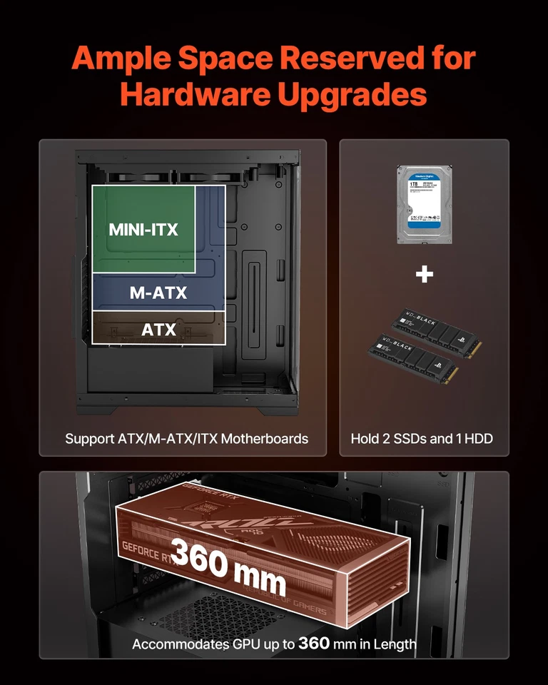 VEVOR Case per PC Compatto 2 Ventole Case per Computer da Gioco Scheda Madre ATX - Immagine 3 di 4